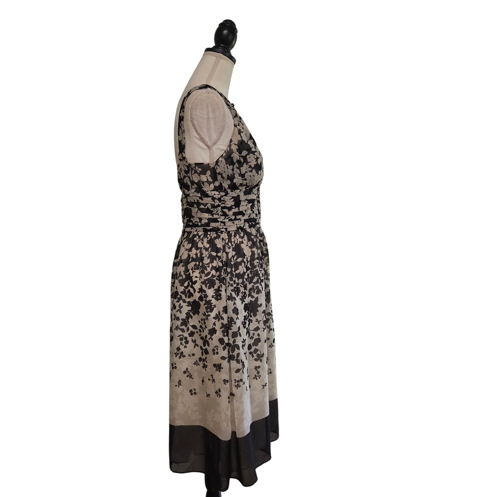 Ann Taylor Silk Floral Midi Dress Black Cream Pleated Waist Knot Strap Womens 6 - Picture 2 of 8